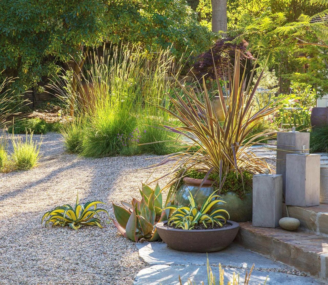 porch steps succulents potted plants grasses gravel